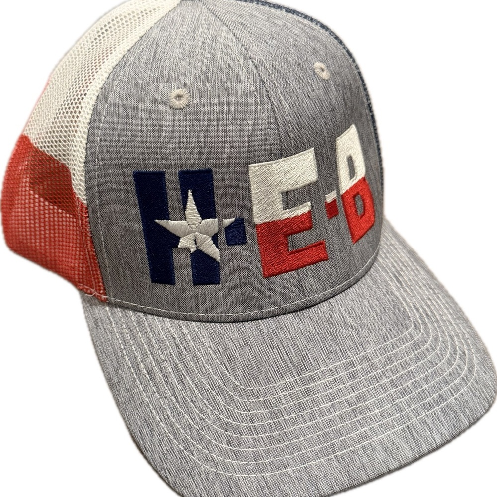 H-E-B LIKE NEW Gray Mesh Trucker Patriotic Hat with USA flag on back | OS